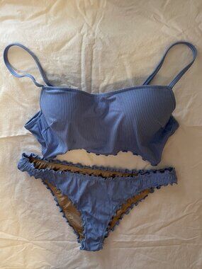 Shade & Shore Blue Ribbed Ruffle Bandeau Bikini, Bottoms Medium, Top 36B